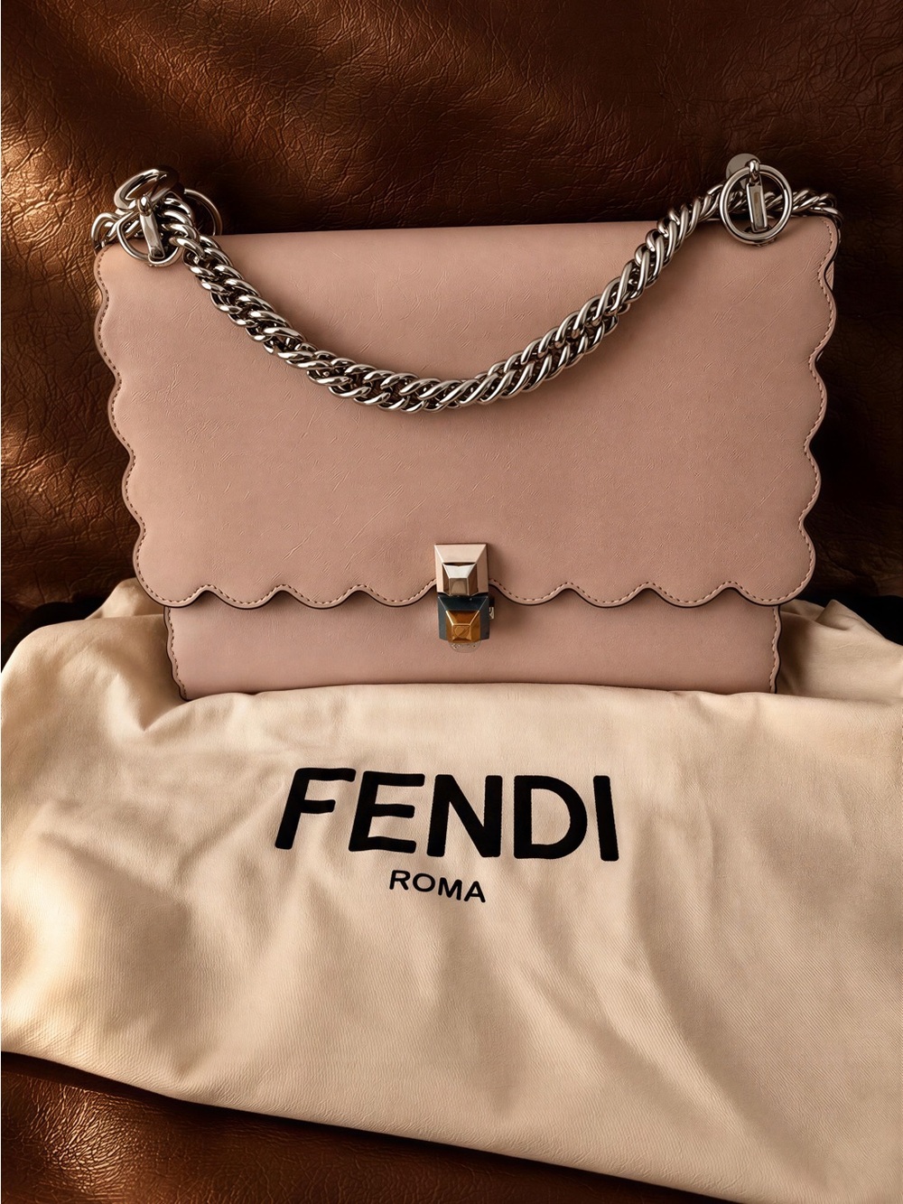 Fendi Blush Pink Scalloped Leather Shoulder Bag with Silver Chain